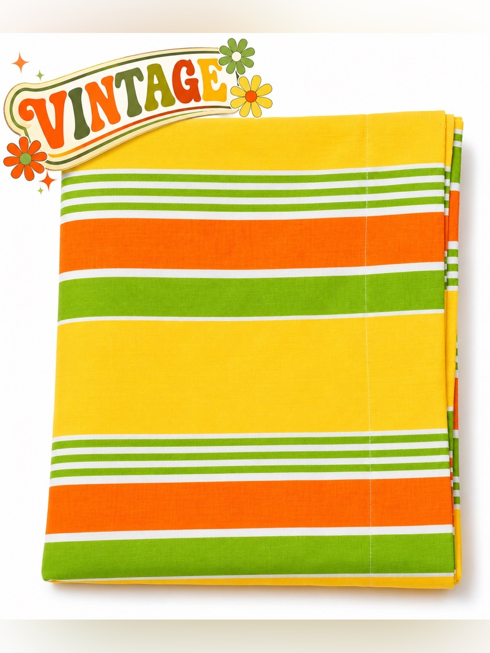 Vintage 70s Yellow Orange Green Striped Twin Flat Sheet Retro Mod No Iron Muslin